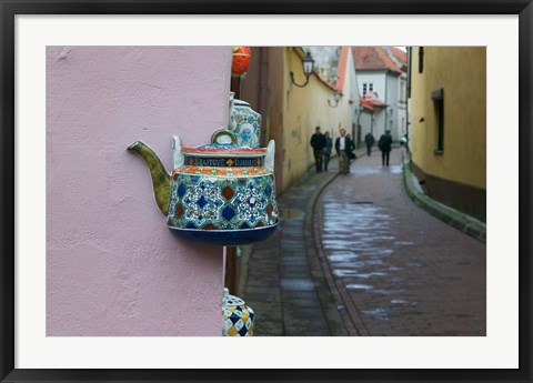 Framed Wall Decorated with Teapot and Cobbled Street in the Old Town, Vilnius, Lithuania II Print