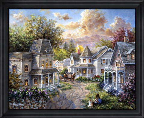 Framed Main Street Along A Country Village Print