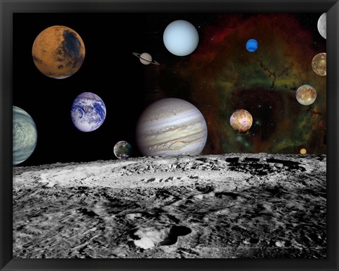 Framed Montage of the planets and Jupiter&#39;s Moons Print