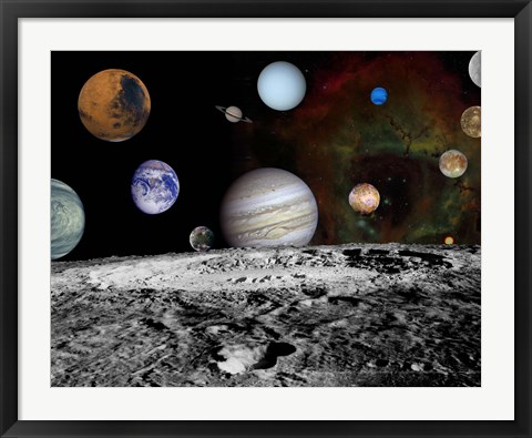 Framed Montage of the planets and Jupiter&#39;s Moons Print