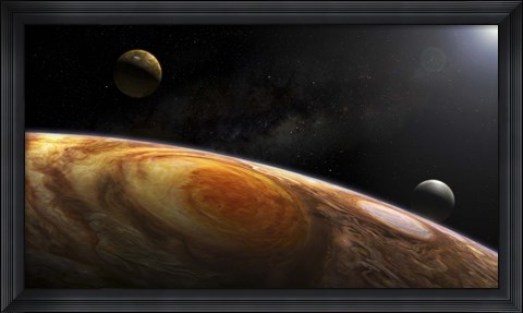 Framed Jupiter&#39;s Moons Lo and Europa hover over the Great Red Spot on Jupiter Print