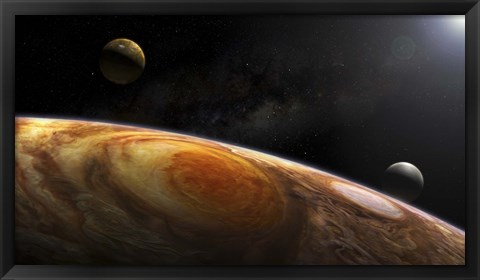 Framed Jupiter&#39;s Moons Lo and Europa hover over the Great Red Spot on Jupiter Print