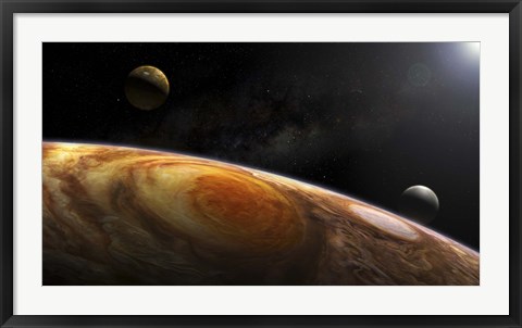 Framed Jupiter&#39;s Moons Lo and Europa hover over the Great Red Spot on Jupiter Print