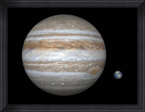 Framed Artist&#39;s concept Comparing the Size of the Gas Giant Jupiter with That of the Earth Print