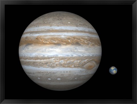 Framed Artist&#39;s concept Comparing the Size of the Gas Giant Jupiter with That of the Earth Print