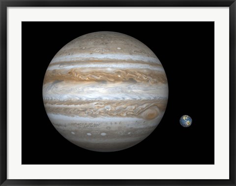 Framed Artist&#39;s concept Comparing the Size of the Gas Giant Jupiter with That of the Earth Print