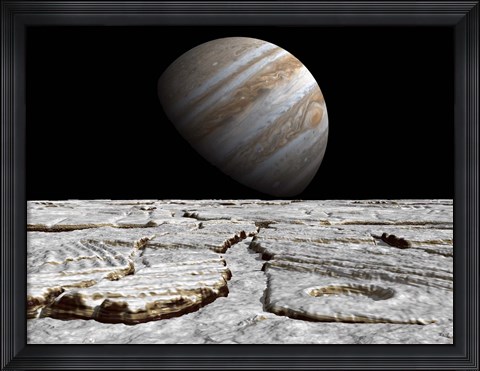 Framed Artist&#39;s concept of Jupiter as Seen Across the Icy Surface of its Moon Europa Print