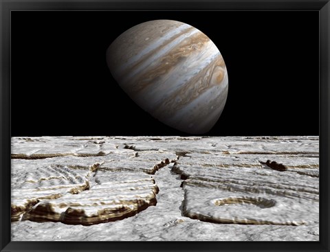 Framed Artist&#39;s concept of Jupiter as Seen Across the Icy Surface of its Moon Europa Print