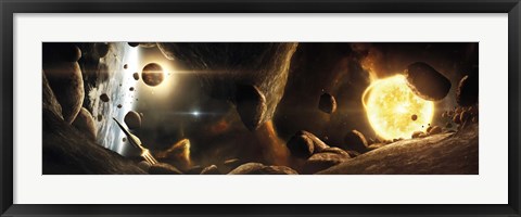 Framed Asteroid field next to an Earth-like Planet in a Dual-star System Print