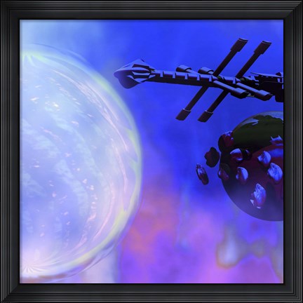 Framed Spaceship Passes a Moon and Orbiting Asteroids Print