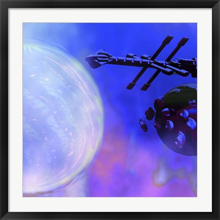 Framed Spaceship Passes a Moon and Orbiting Asteroids Print