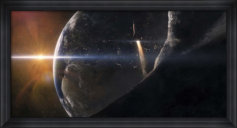 Framed Space Shuttle flying over an Asteroid that is passing close to Earth Print