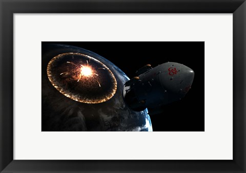 Framed Orion-drive spacecraft leaving Earth impacted by a Comet Print