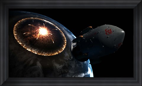Framed Orion-drive spacecraft leaving Earth impacted by a Comet Print