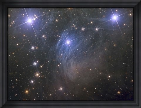 Framed Messier 45, the Pleiades, an open star cluster in the Taurus Constellation Print