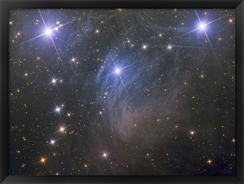 Framed Messier 45, the Pleiades, an open star cluster in the Taurus Constellation Print