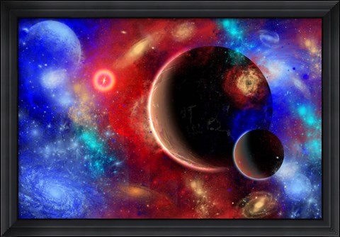 Framed distant part of space filled with stars, planets, Nebulae and remote galaxies Print