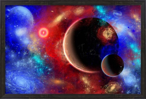 Framed distant part of space filled with stars, planets, Nebulae and remote galaxies Print