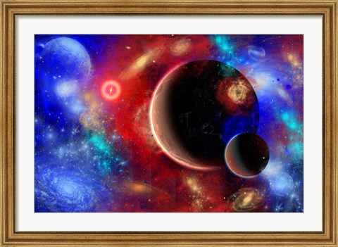 Framed distant part of space filled with stars, planets, Nebulae and remote galaxies Print