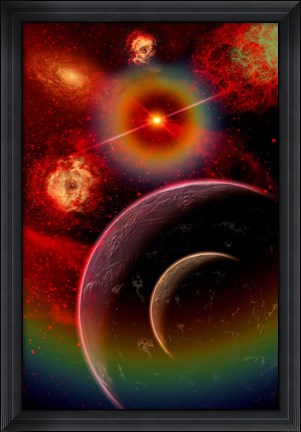 Framed alien planet and it&#39;s moon illuminated by the glow of Nebula gas clouds Print