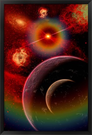 Framed alien planet and it&#39;s moon illuminated by the glow of Nebula gas clouds Print