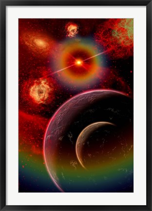 Framed alien planet and it&#39;s moon illuminated by the glow of Nebula gas clouds Print