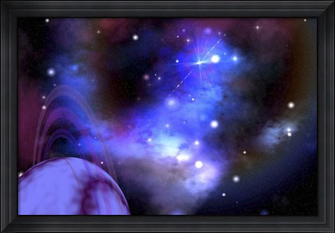Framed This ringed planet is sorrounded by a colorful Nebula Print