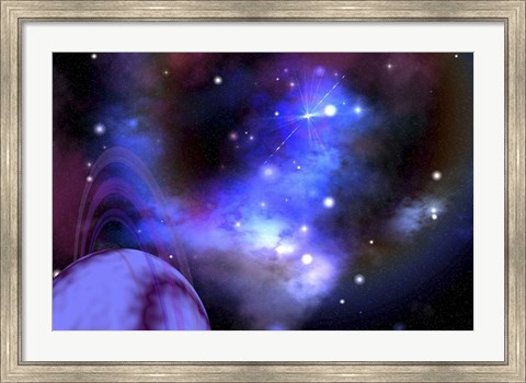 Framed This ringed planet is sorrounded by a colorful Nebula Print
