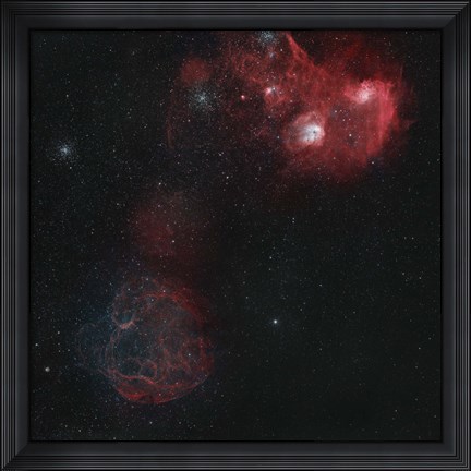 Framed Widefield view of of Simeis 147, the Flaming Star Nebula, and the Tadpole Nebula Print