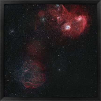 Framed Widefield view of of Simeis 147, the Flaming Star Nebula, and the Tadpole Nebula Print