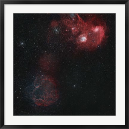 Framed Widefield view of of Simeis 147, the Flaming Star Nebula, and the Tadpole Nebula Print