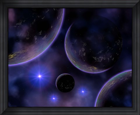 Framed Cluster of blue stars on the edge of a Nebula Print