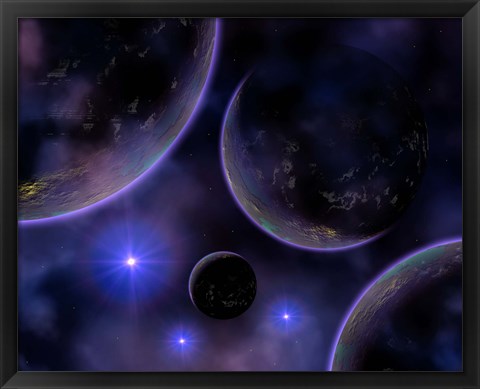 Framed Cluster of blue stars on the edge of a Nebula Print