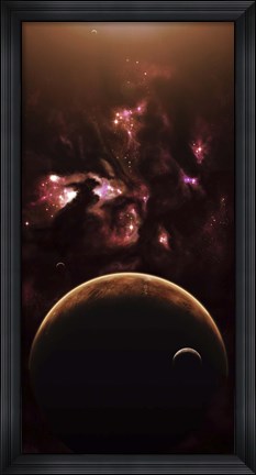 Framed barren world passes in front of a large and complex Nebula Print