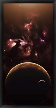 Framed barren world passes in front of a large and complex Nebula Print