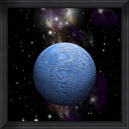 Framed Artist&#39;s depiction of a cratered moon in space with a Nebula in the background Print