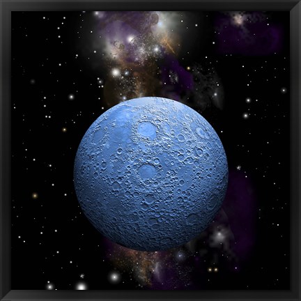 Framed Artist&#39;s depiction of a cratered moon in space with a Nebula in the background Print