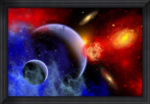 Framed mixture of colorful stars, planets, Nebulae and galaxies Print