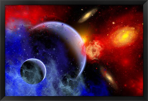 Framed mixture of colorful stars, planets, Nebulae and galaxies Print