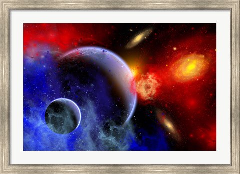 Framed mixture of colorful stars, planets, Nebulae and galaxies Print