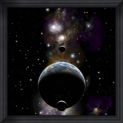 Framed Earth type world with two moons against a background of Nebula and stars Print
