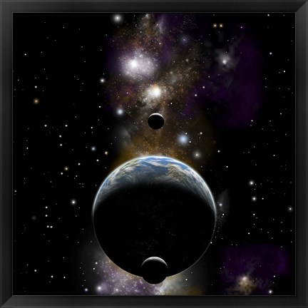 Framed Earth type world with two moons against a background of Nebula and stars Print