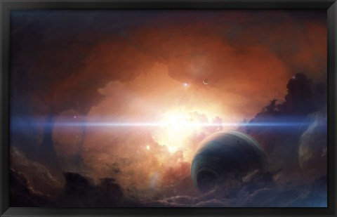 Framed Gas giant partly hidden in a Nebula Print