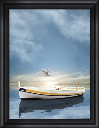 Framed White Boat in the Sunset Print