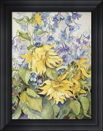 Framed Sunflowers &amp; Blue Delphinium Print