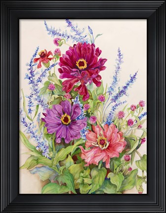 Framed Zinnias and Blue Salvias Print
