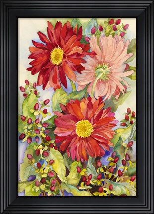 Framed Red Gerbera Daisies And Berries Print