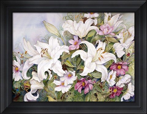 Framed White Lilies And Mixed Colored Cosmos Print