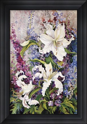 Framed White Oriental Lilies &amp; Pink And Purple Delphinium Print
