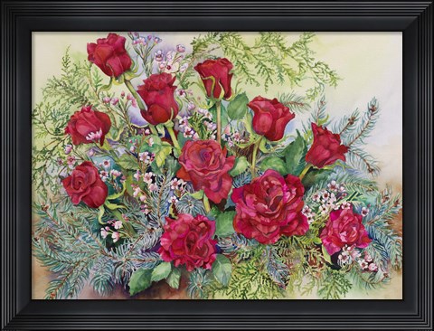 Framed Red Roses With Evergreens Print